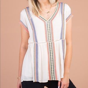 Embroidered Boho Linen Top Blouse V Neck Loose Peplum